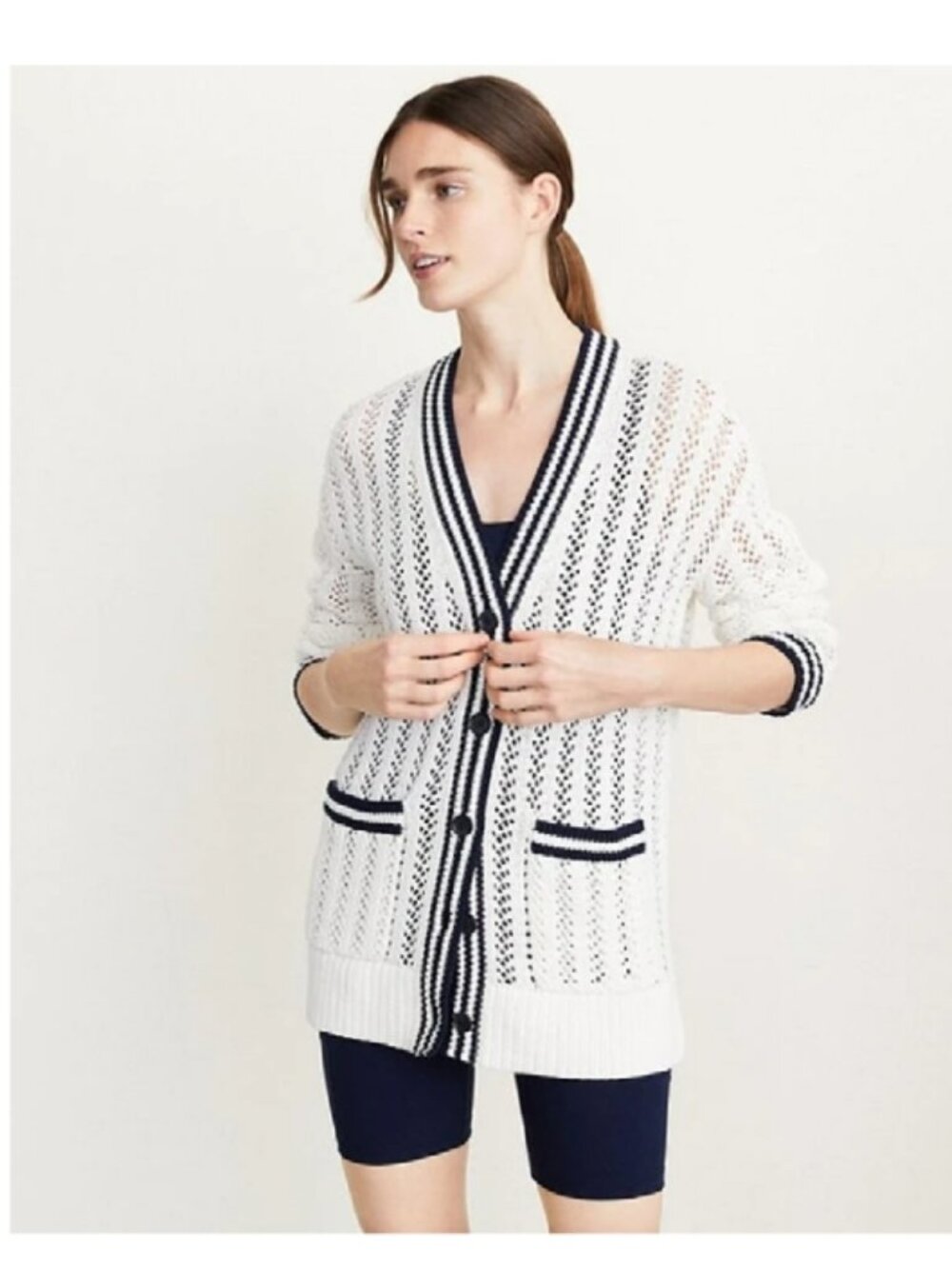 NWOT LOFT  Lou & Grey Tipped Mesh V-Neck XS Pocket Cardigan XS